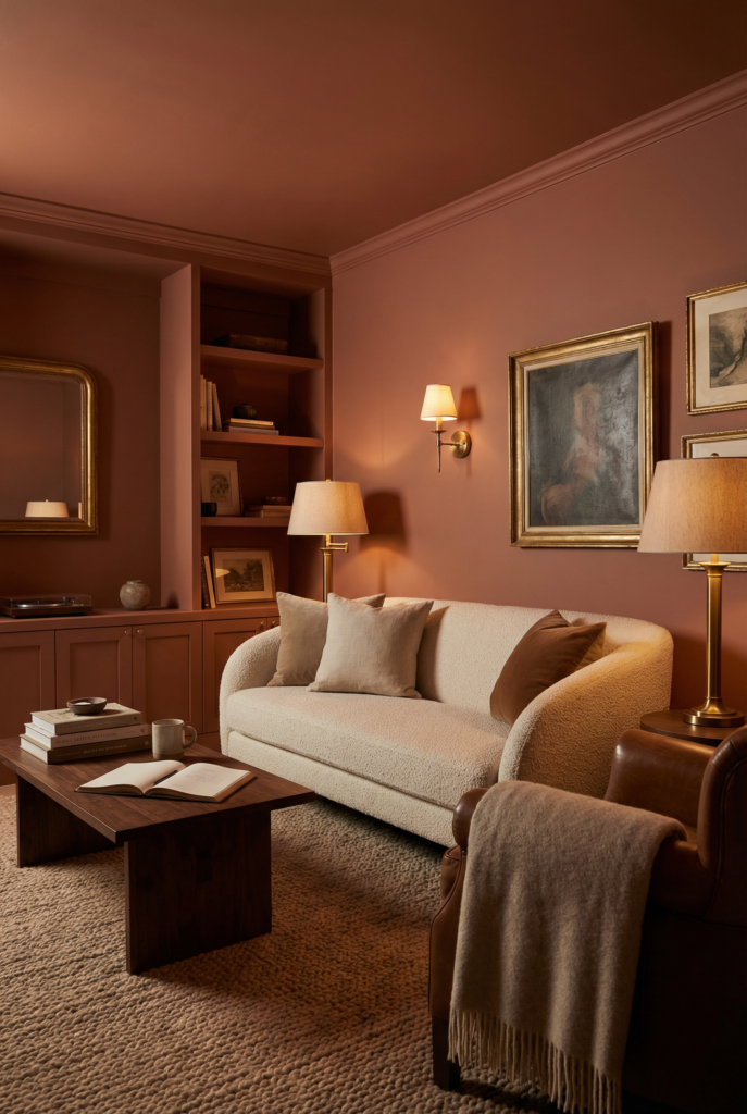 Color drenching in warm terracotta with moody color palettes, brass lighting, and textured fabrics for warmth comfort and livable luxury.