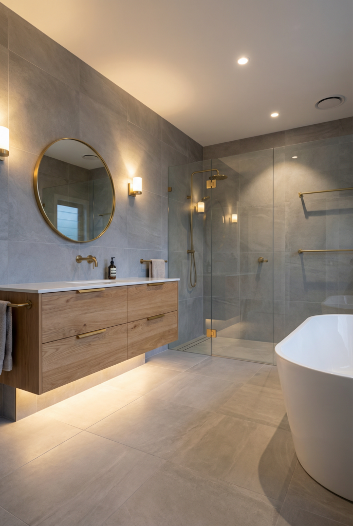 Bathroom color selection showing how light and dark bathroom tiles change the feel of the space depending on lighting and grout color.