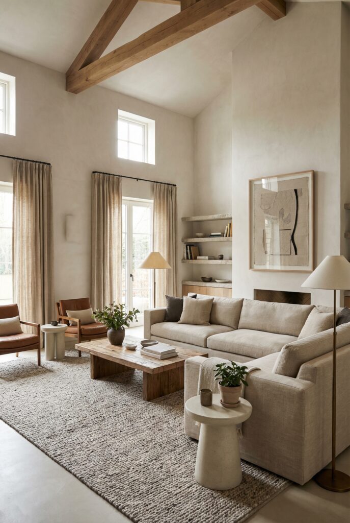 Creating warmth in big open spaces with decorative ceiling beams, a neutral color palette, big area rug, floor-to-ceiling curtains, and a fireplace focal point.