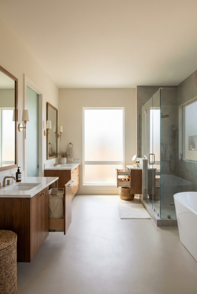 His and hers bathroom layout with separate vanities, shared walk-in shower, and warm wood cabinetry in a modern primary bathroom.