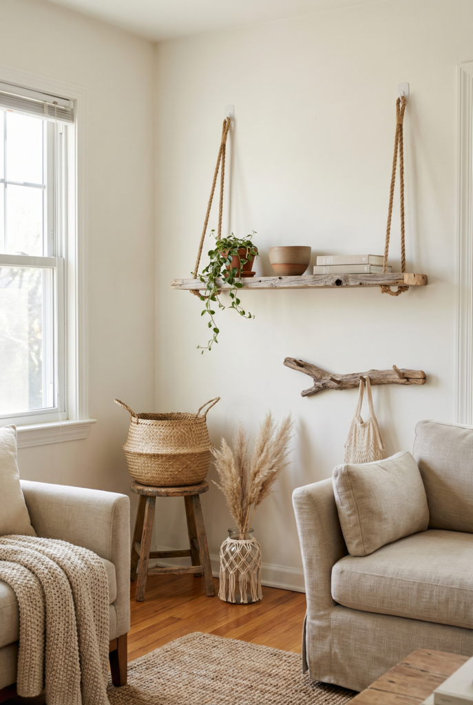 Driftwood and natural fiber projects styled as boho home decor corner