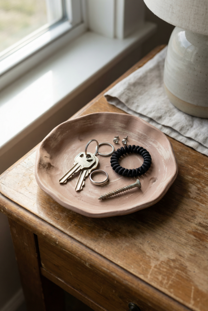 Air dry clay trinket dish used for diy boho decor on wooden nightstand
