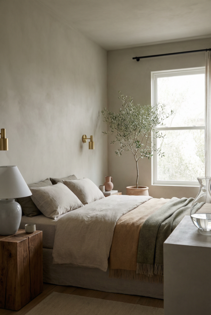 Earthy organic modern decor palette with warm white walls, beige and taupe tones, natural wood accents, and soft ambient lighting.