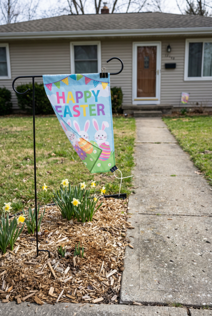 Garden flag used as easter outdoor decorations along a front walkway with spring flowers and mulch bed.