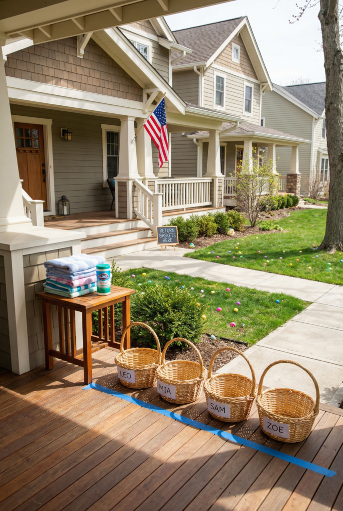 Easter egg hunt outdoor setup with labeled baskets, towels, and eggs scattered across the front lawn near the porch.