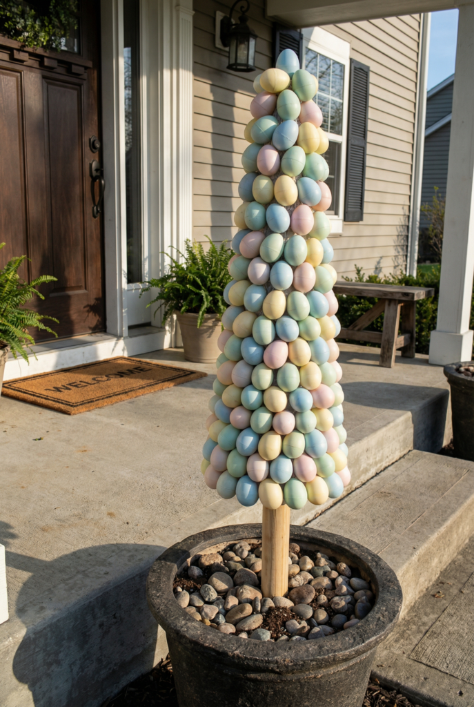 Sun-safe easter outdoor decorations featuring a pastel egg topiary in a weighted planter on a front porch.