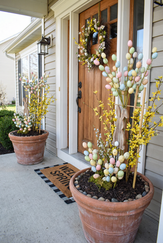 Easter outdoor decorations using large porch planters filled with decorative eggs, spring branches, and floral accents.