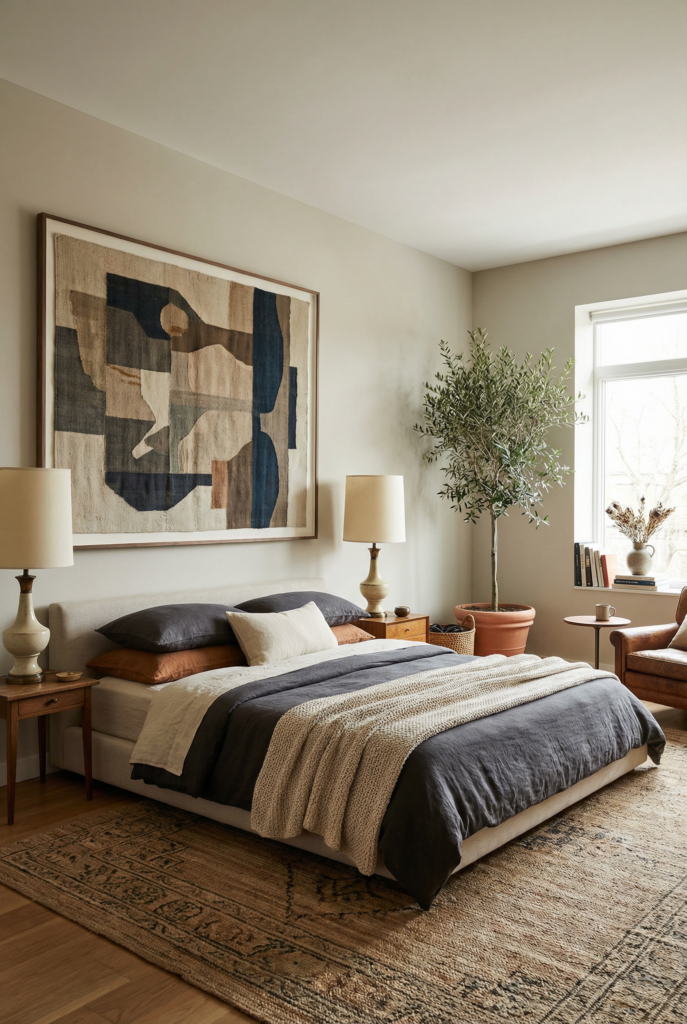 Mature eclectic bedroom decor with balanced color palette, classic furniture, textured bedding, and personalized decor for a cozy bedroom atmosphere.