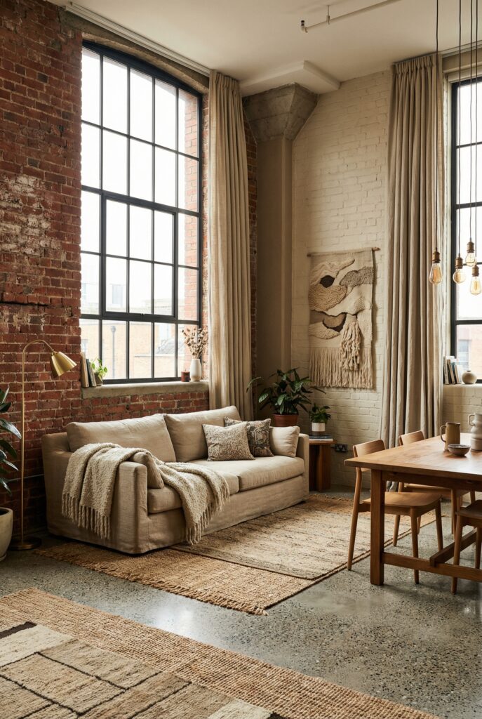 exposed brick walls in an urban industrial design loft softened with curtains and warm lighting