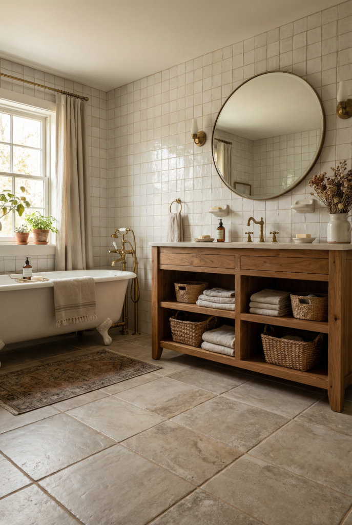 Farmhouse bathroom featuring natural stone tiles on the floor, soft neutral wall tile, and warm wood accents for a relaxed, timeless look.