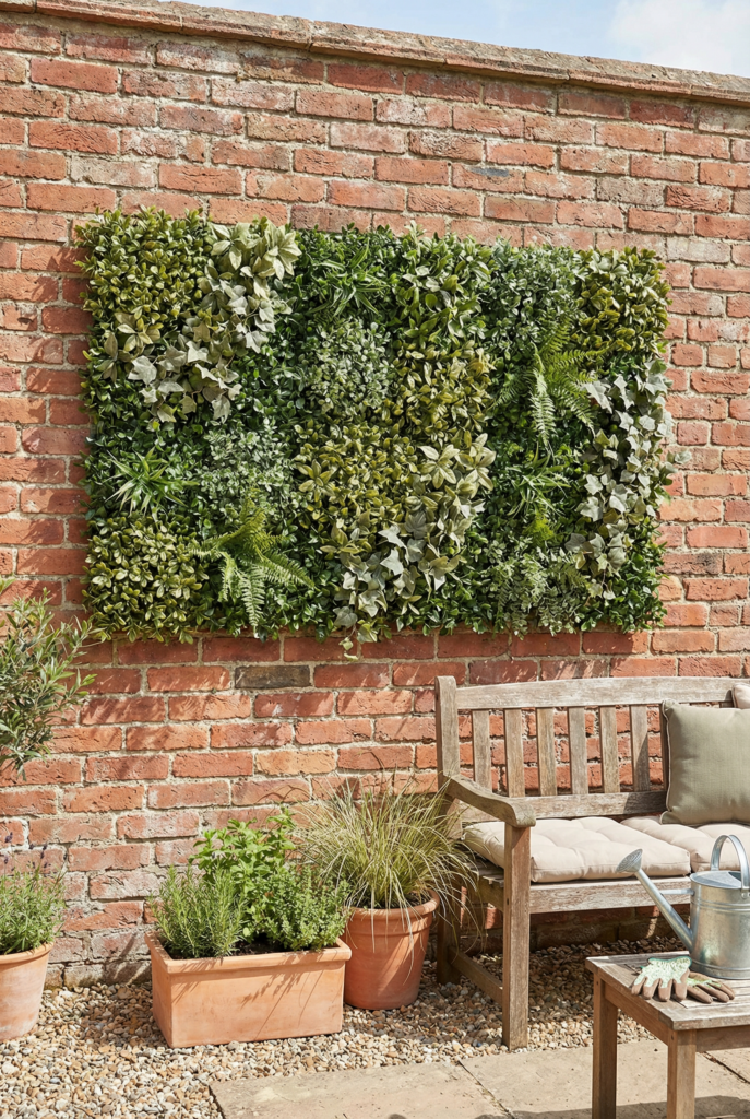 Faux greenery panel on a garden brick wall behind a bench for easy outdoor decor and garden wall ideas
