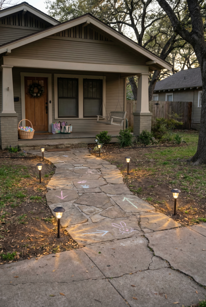 Five-minute easter outdoor decorations for guests with a simple porch drop zone, baskets, and egg hunt path.