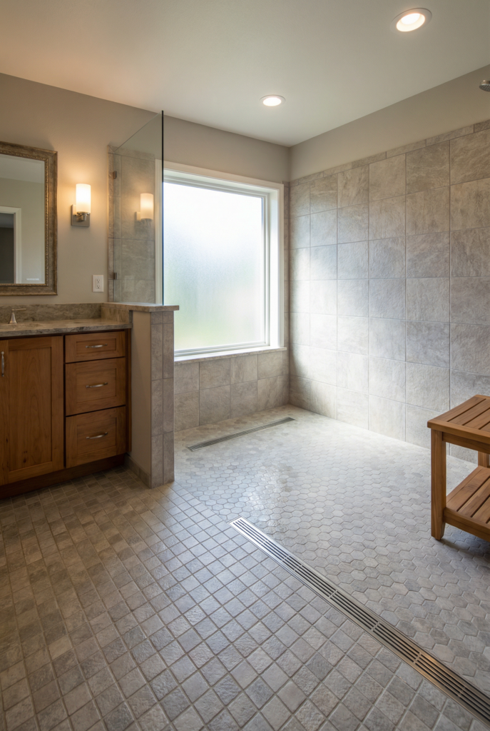 Slip resistant shower floor tiles with small mosaic layout for safe bathroom flooring