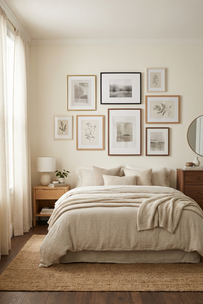 Mixed wood and black frames with botanical sketches and soft abstracts, stylish wall decor and accent wall decor above bed.