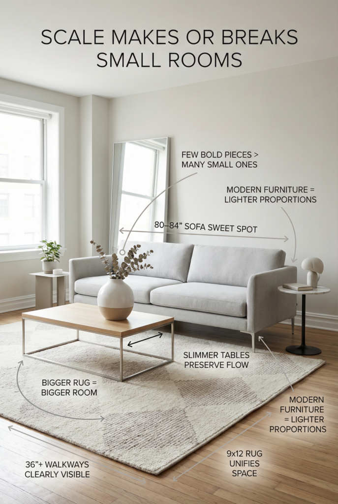 Furniture and decor scaling example showing an 80–84 inch sofa, oversized rug, and minimalist decor that makes a small apartment feel larger.