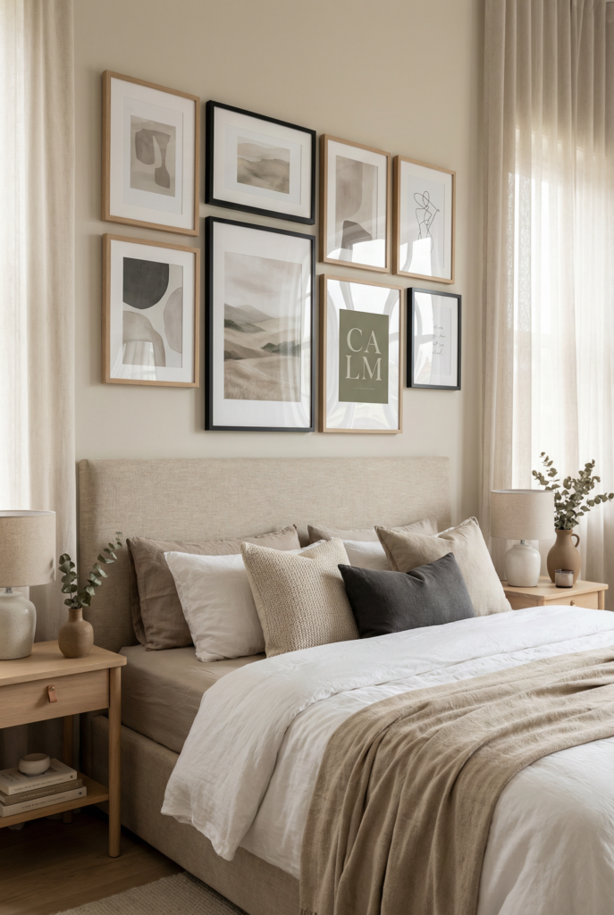 Balanced gallery wall with mixed frames and calm prints, bedroom wall decor above bed that feels soft and proportional.