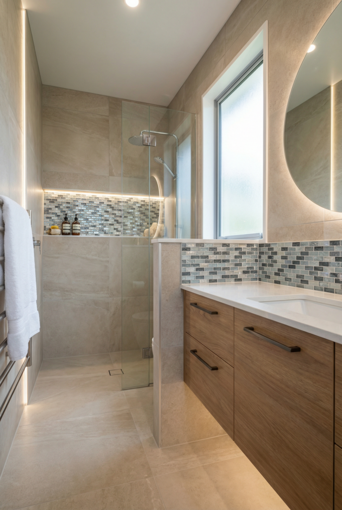 Glass tile backsplash with mosaic tile accents for modern bathroom tile ideas