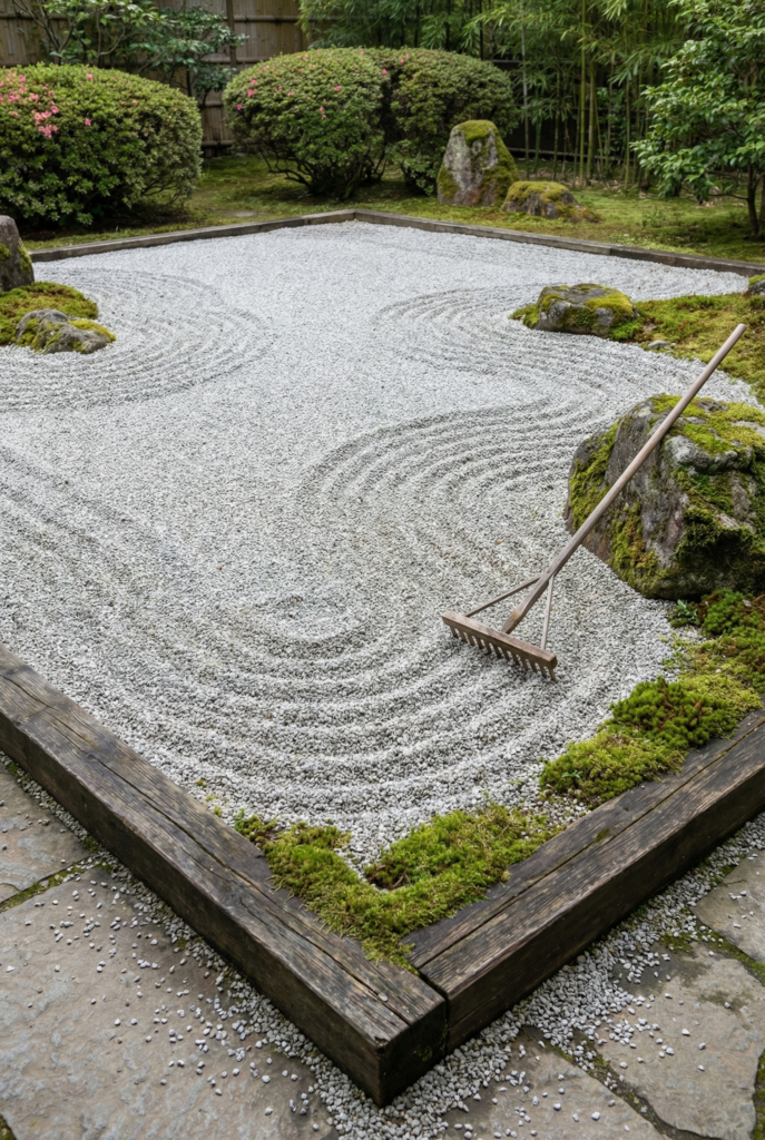 Outdoor Zen garden with raked gravel, stone borders, and minimalist rock placement in Japanese garden decor style.
