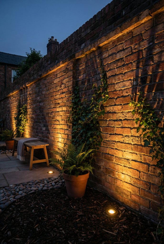 Ground uplights washing a brick wall to highlight texture and create outdoor ambiance in a garden path