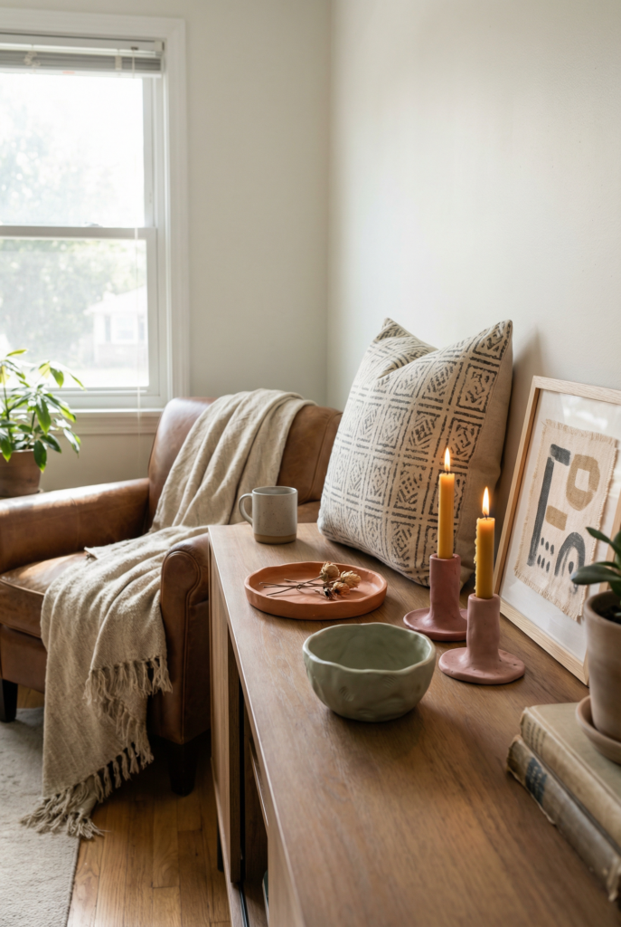 Handmade pottery and textile pieces styled for bohemian style decor