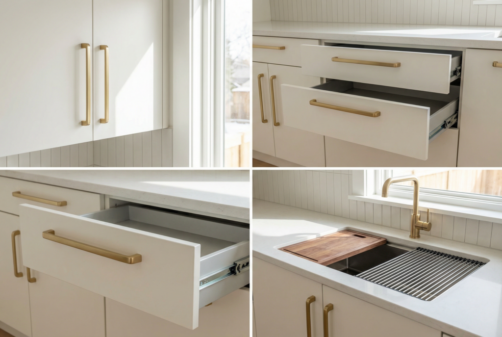 Sleek hardware and fixtures in modern kitchen decor with elongated cabinet pulls and warm metal finishes.