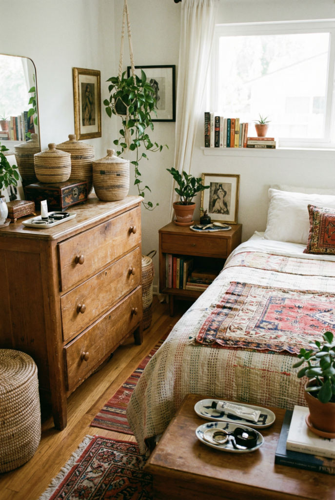 Eclectic bedroom decor with a vintage wood dresser styled with woven baskets and plants, showing how eclectic decor can hide everyday items while keeping a cozy bedroom feel.