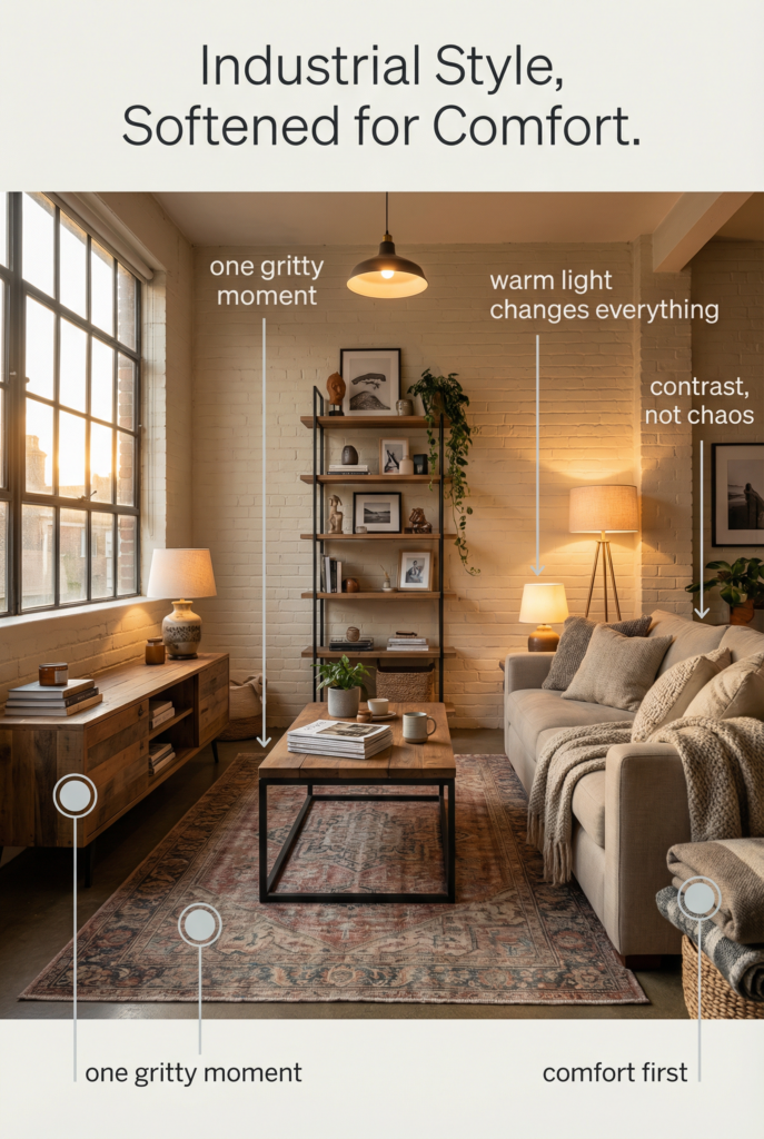 Industrial style apartment living room with warm lighting, textured textiles, wood furniture, and one gritty accent balanced for everyday comfort.
