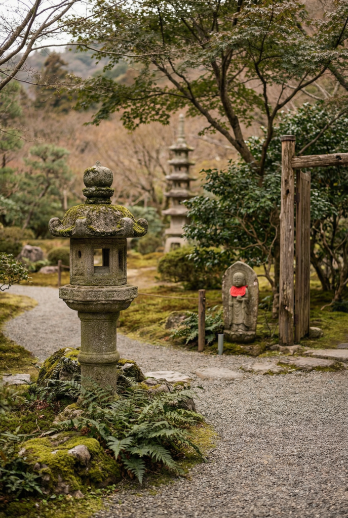 Japanese garden decor with stone lantern, Japanese stone pagoda, and antique-style garden statue placed among moss and shrubs.