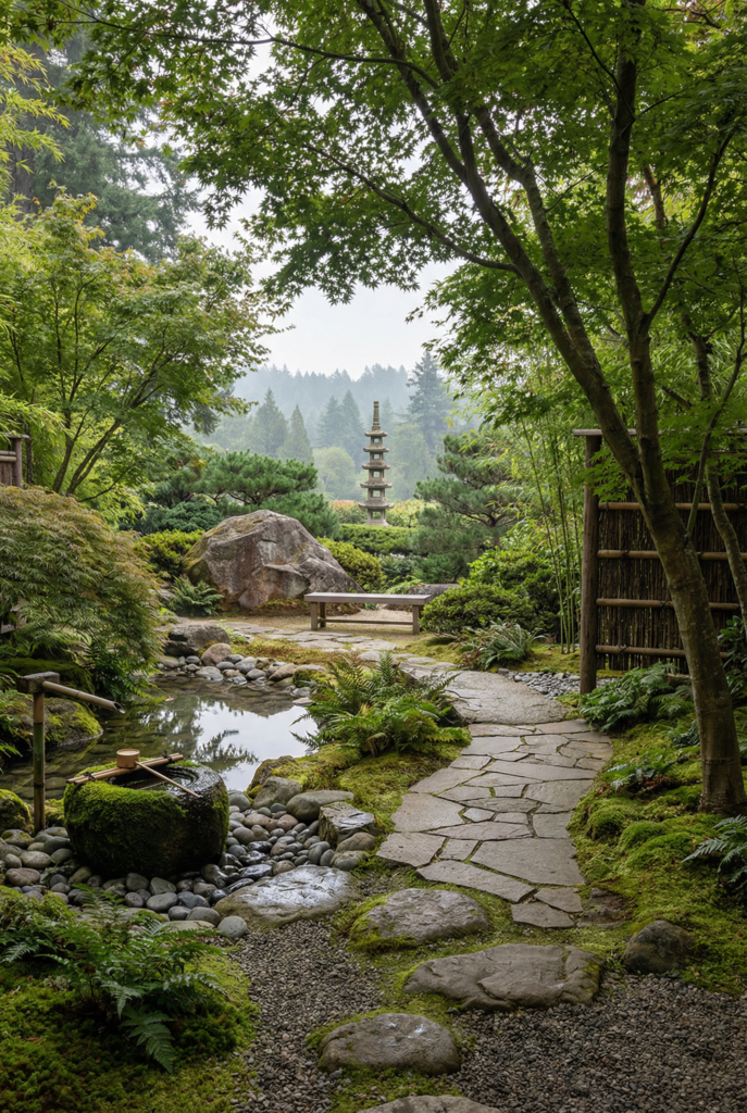 Japanese garden decor in a large backyard with stone paths, layered greenery, ornamental rocks, and a distant pagoda creating a calm, traditional landscape.