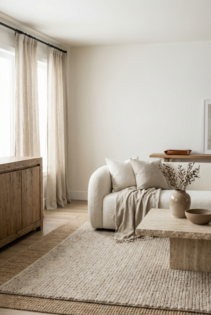 Layered textures in an organic modern living room featuring a bouclé sofa, jute rug, stone table, and cozy neutral textiles.