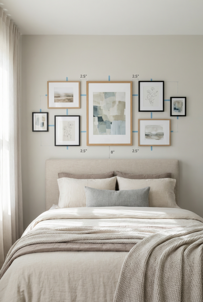 Gallery wall spacing diagram showing 2.5-inch gaps and 8-inch height above headboard for art above bed.