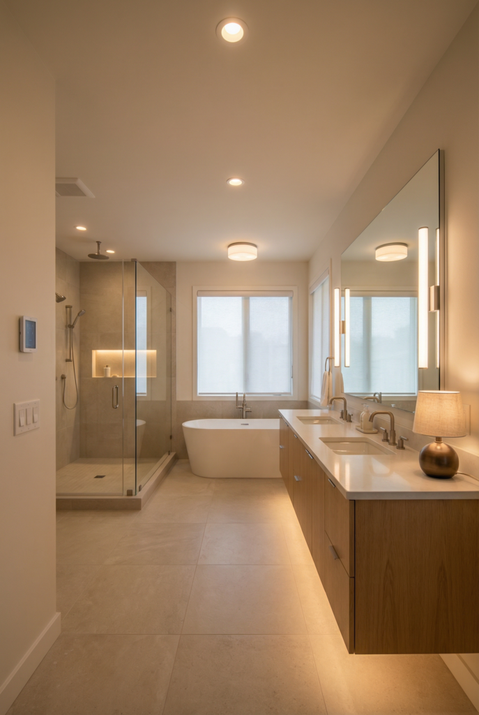 Luxury master bath with layered lighting, recessed ceiling lights, vanity lighting, and soft ambient glow for an elegant bathroom ambiance.