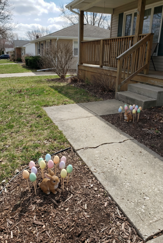 Easter outdoor decorations with pastel egg stakes and bunny figures placed along a front walkway garden bed.