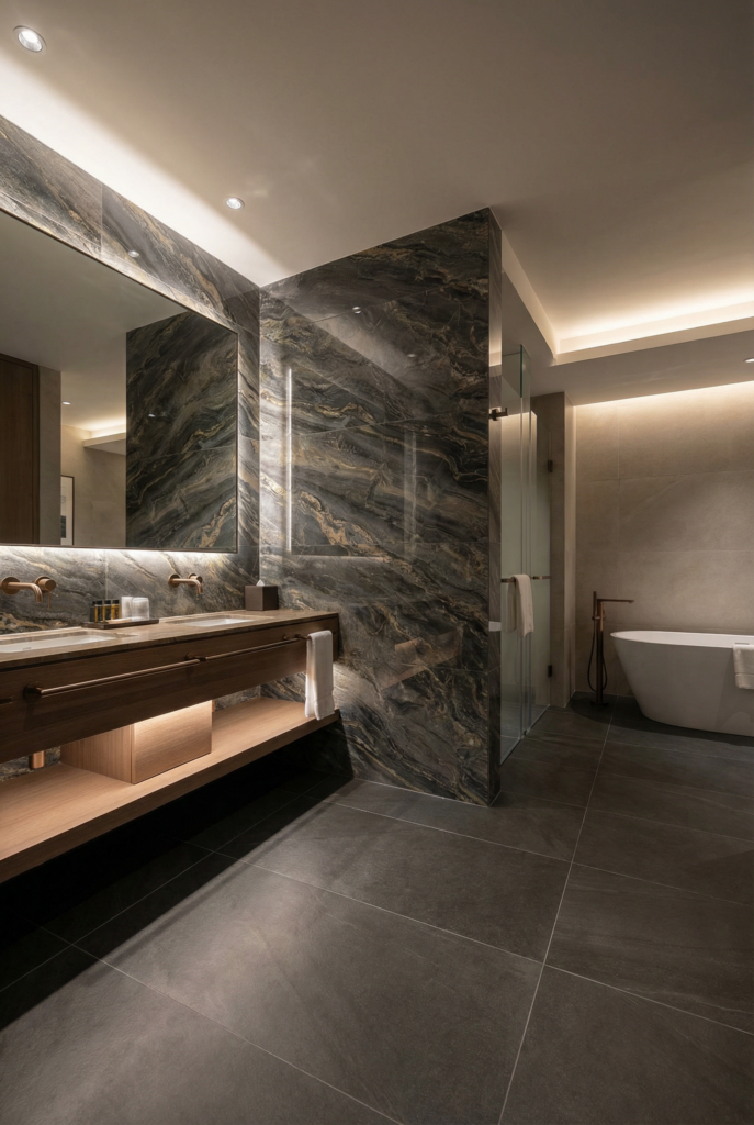 Luxury hotel bathroom with large format porcelain tile floors, dramatic stone-look shower wall tiles, and warm brass bathroom fixtures.