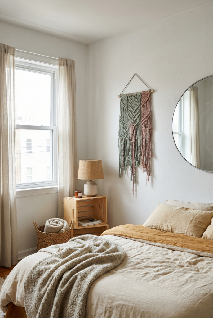 Macrame and woven elements used as boho wall decor in bedroom
