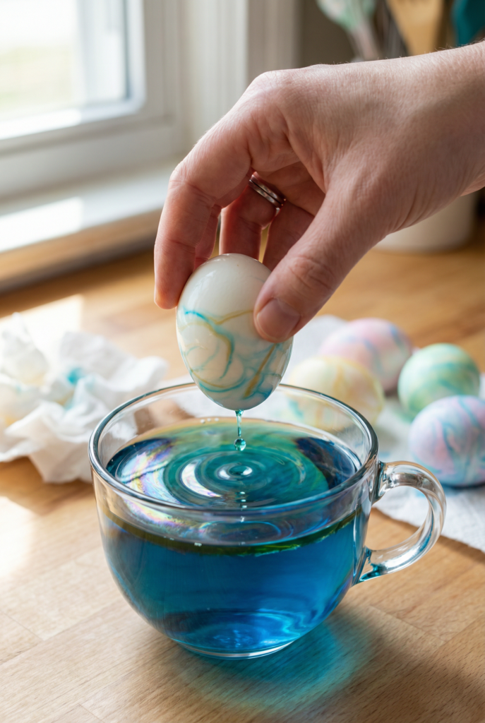Marbling Easter eggs using the oil method with blue dye, a creative Easter egg dyeing technique for unique Easter eggs.