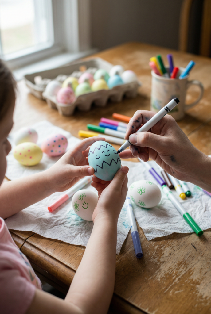 Drawing faces and designs on Easter eggs with markers as a fun family Easter activity and easy Easter egg craft.
