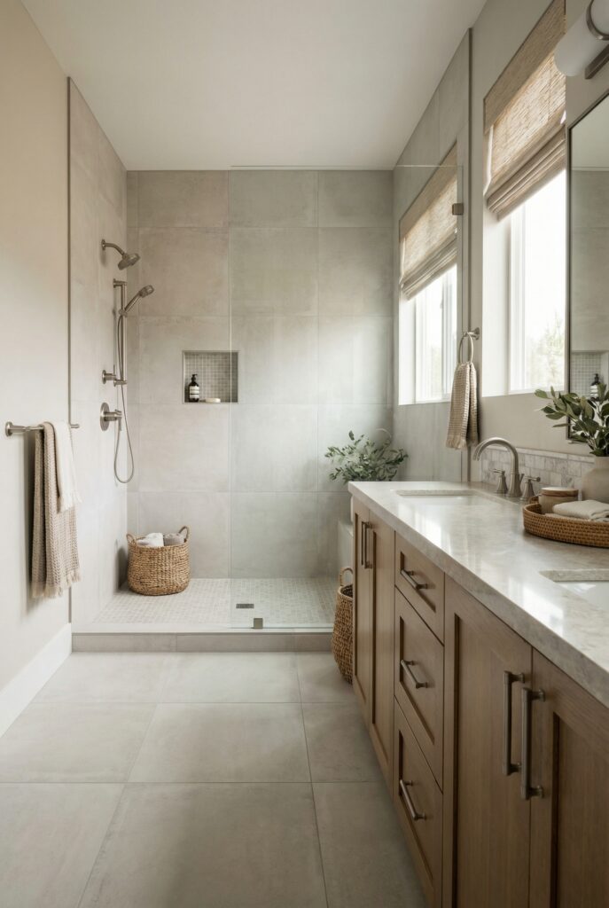 Modern bathroom design featuring wood vanity, neutral tile, quartz countertop, and matte metal bathroom hardware.