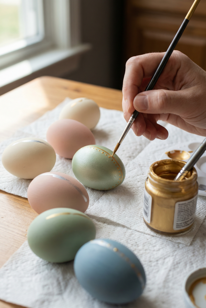 Hand painting pastel Easter eggs with gold paint for metallic Easter egg decorating ideas and special effects Easter eggs.