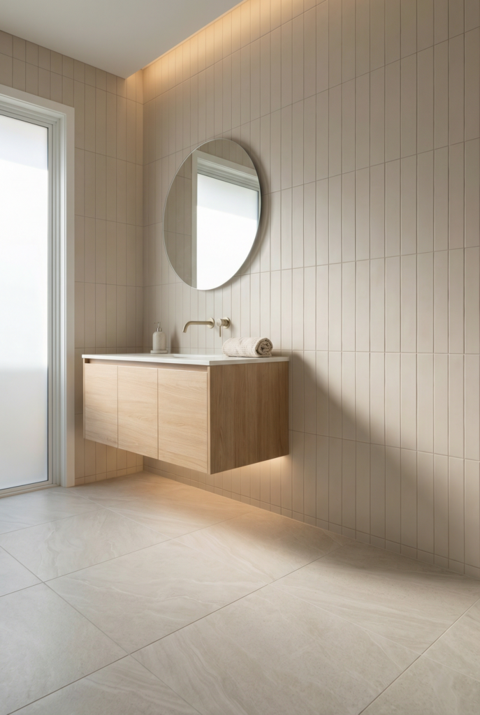 Minimal bathroom with matte finish tiles, soft neutral porcelain walls, and simple bathroom tile ideas focused on balance and restraint.
