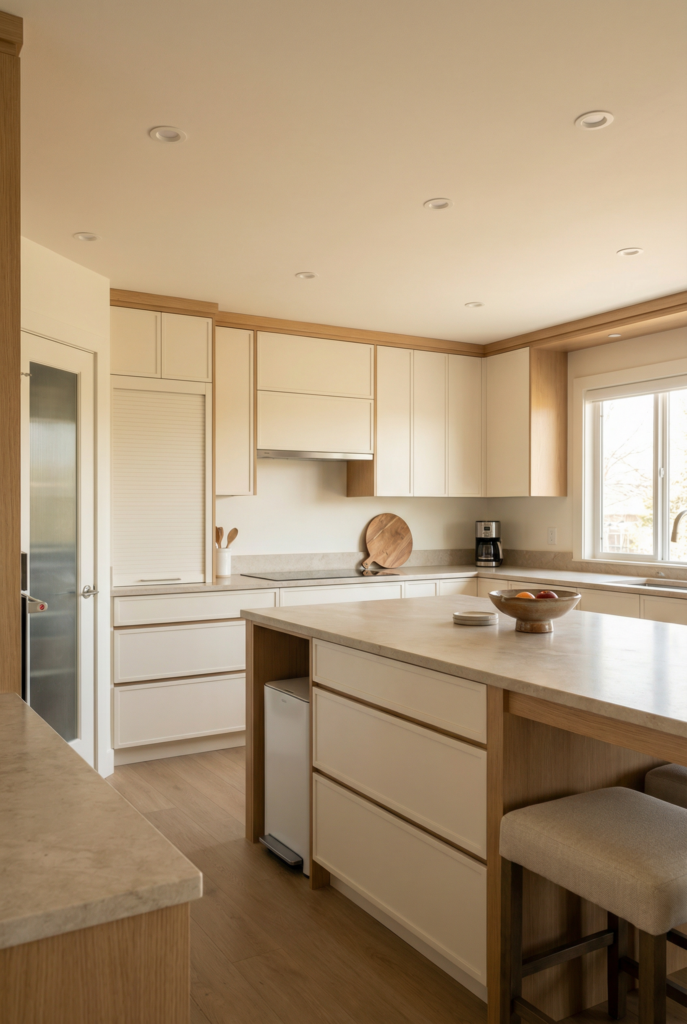 Minimalist surfaces in modern kitchen decor with uncluttered countertops, integrated storage, and clean lines.