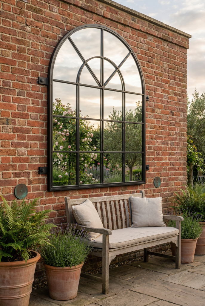 Large arched mirror as a reflective element on brick wall decor, creating focal point design in a cozy patio corner