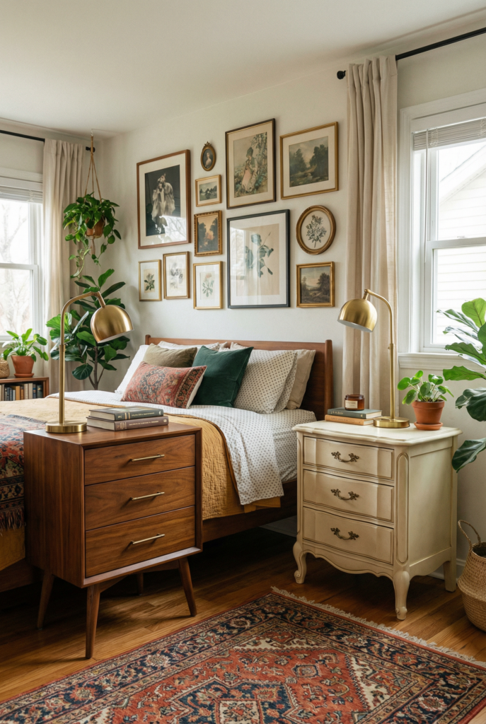 Eclectic bedroom decor with mismatched nightstands, brass lamps, layered textiles, and warm wood tones creating intentional contrast without chaos.