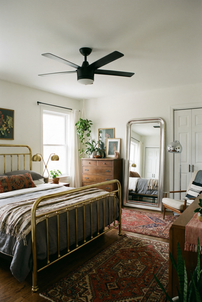 Eclectic bedroom decor mixing brass and black metal finishes across lighting and furniture, demonstrating how eclectic decor stays cohesive through repeated materials.