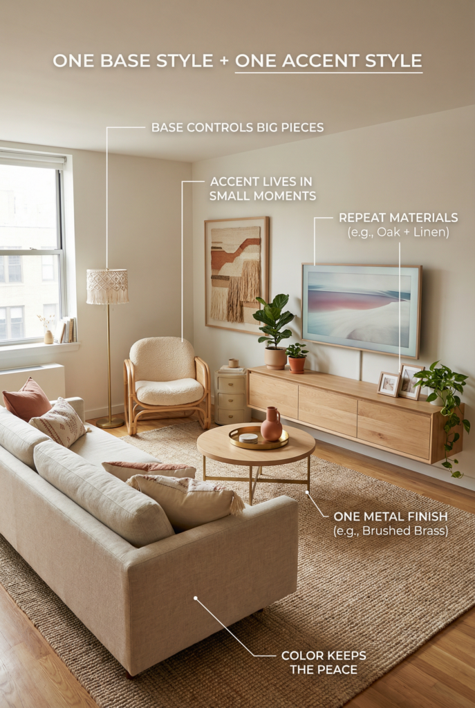 Mixing decorating styles for apartments by pairing one base style with one accent style using consistent colors, materials, and modern home decor elements.