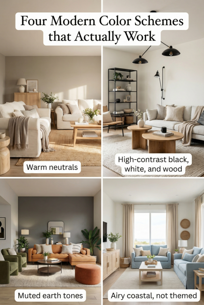 Four modern living room color schemes including warm neutrals, high-contrast black white and wood, muted earth tones, and airy coastal palette.
