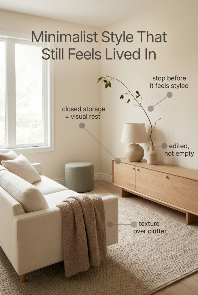 Minimalist decor in an apartment featuring closed storage, soft textures, neutral tones, and modern furniture that feels calm rather than empty.