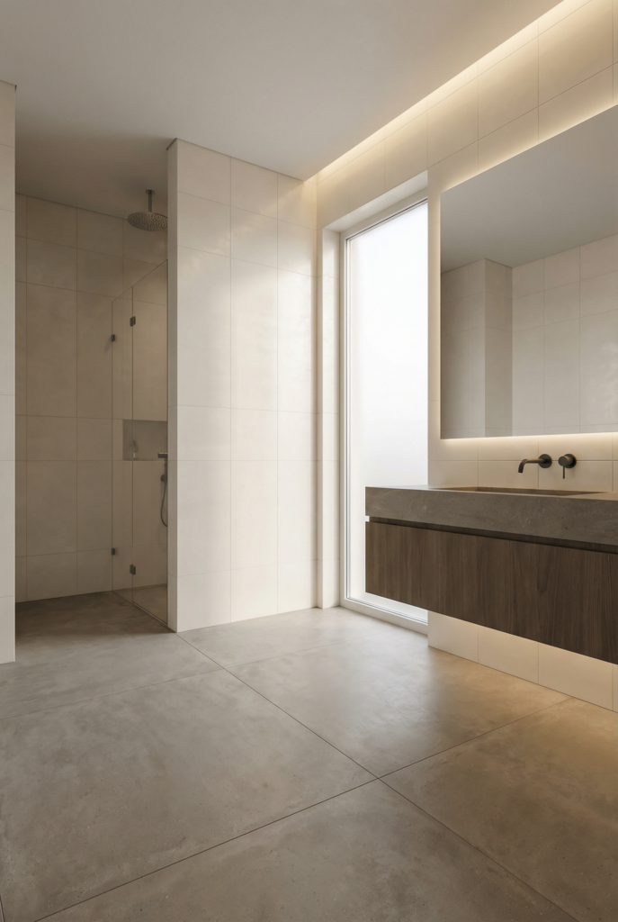 Modern bathroom with large format tiles on the floor, smooth porcelain tile walls, and contemporary bathroom fixtures for a streamlined look.