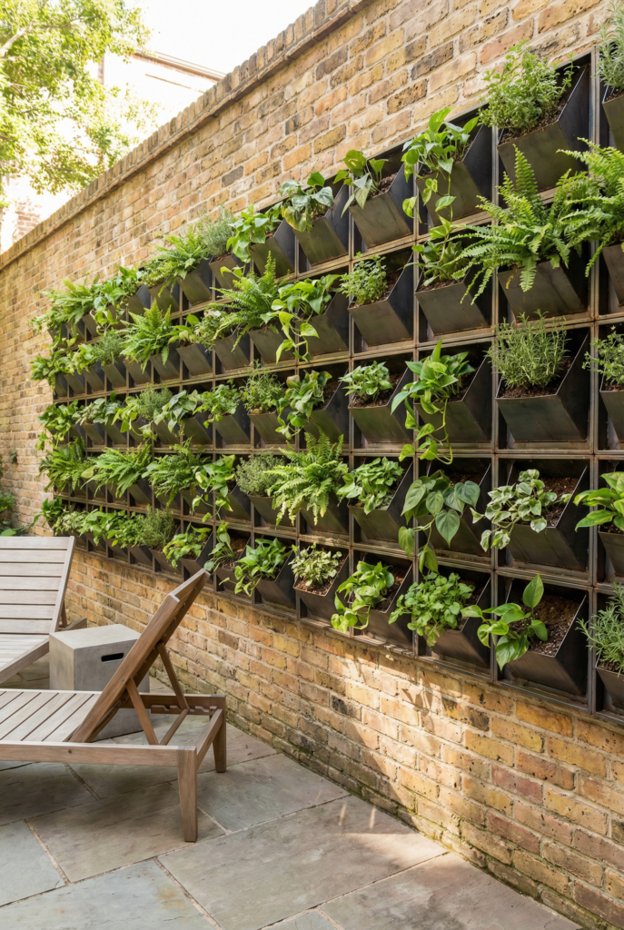 Modular living wall system with herbs and ferns on a brick wall for vertical garden design and outdoor decor