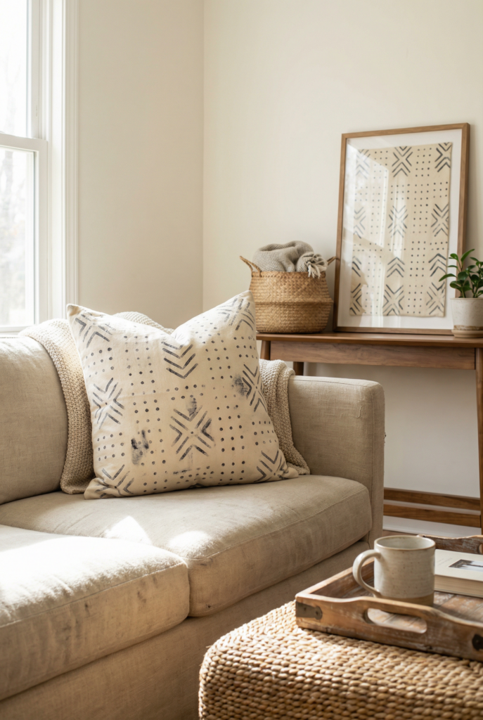 Boho home decor sofa styled with handmade mudcloth pillow and neutral textiles